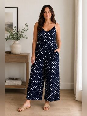 Debbie Shuchat Navy Polka Dot Wide Leg Jumpsuit Size 10
